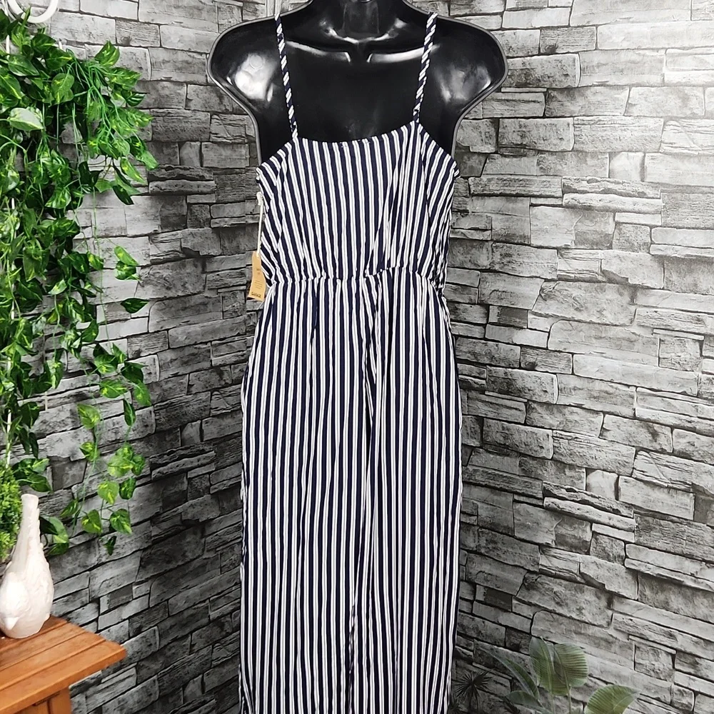 Garage Navy Blue Striped Wrap Jumpsuit - Picture 7 of 10